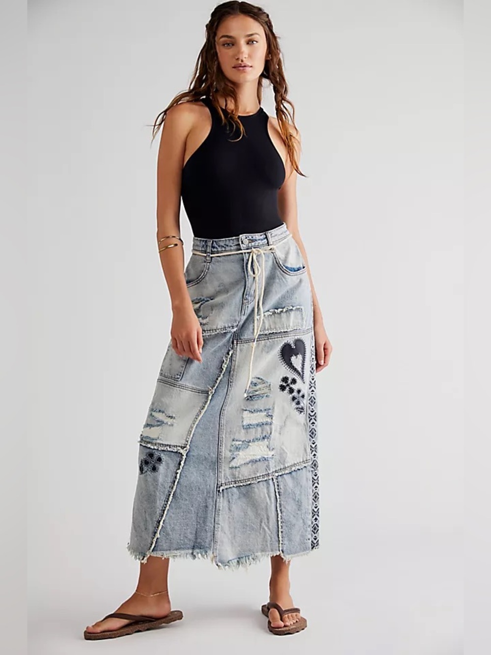 Free People We the Free Blue Maxed Out Maxi Patchwork Embroidered Skirt, Size 0